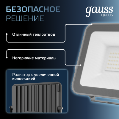 Прожектор светодиодный ДО 50 Вт 5250 лм 6500К AC 220В IP65 150х28х185мм матрированное закаленное стекло Qplus Gauss