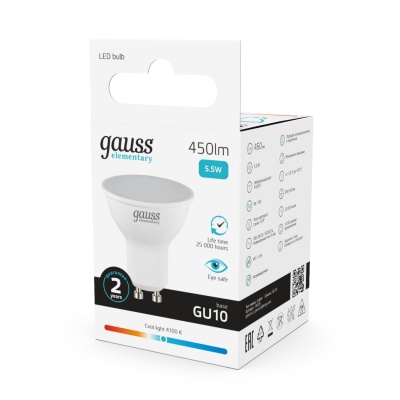 Лампа светодиодная LED 5.5 Вт 450 лм 4100К софит MR16 нейтральный GU10 AC 220В Elementary Gauss