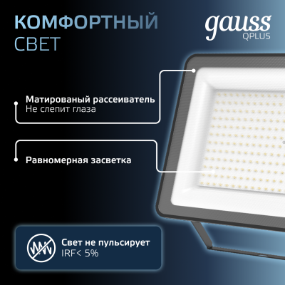 Прожектор светодиодный ДО 200 Вт 24000 лм 6500К AC 220В IP65 290х32х400мм матрированное закаленное стекло Qplus Gauss