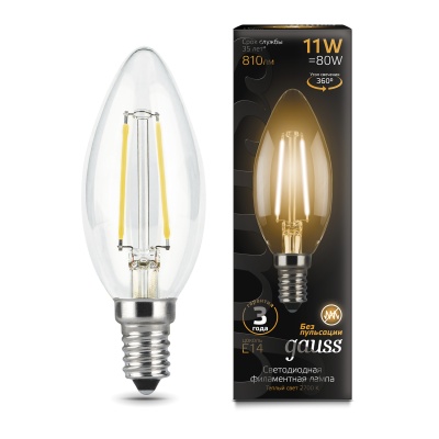 Лампа светодиодная филаментная LED 11 Вт 810 лм 2700К свеча теплый E14 AC 220В прозрачная колба Black Filament Gauss