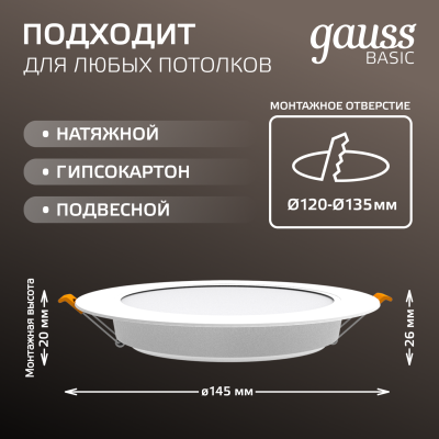 Светильник светодиодный ДВО 12 Вт 1000 лм 4000К AC 220В IP20 круг D145х26мм монт d120мм Пластик Basic Gauss