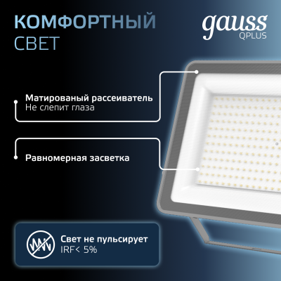 Прожектор светодиодный ДО 200 Вт 21000 лм 6500К AC 220В IP65 290х32х400мм матрированное закаленное стекло Qplus Gauss