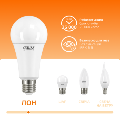 Лампа светодиодная LED 35 Вт 2670 лм 3000К А67 груша теплый E27 AC 220В Elementary Gauss
