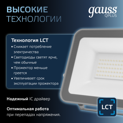 Прожектор светодиодный ДО 50 Вт 5250 лм 6500К AC 220В IP65 150х28х185мм матрированное закаленное стекло Qplus Gauss
