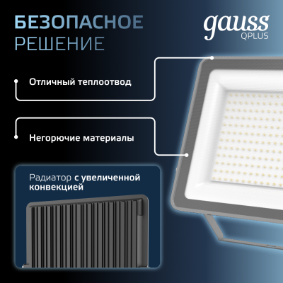 Прожектор светодиодный ДО 200 Вт 21000 лм 6500К AC 220В IP65 290х32х400мм матрированное закаленное стекло Qplus Gauss