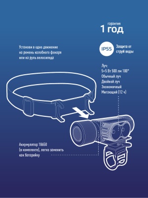 Фонарь налобный велосипедный аккумуляторный 10Вт LED/съемнLi-ion18650 1200mAh/алюминий/USBшнур,
