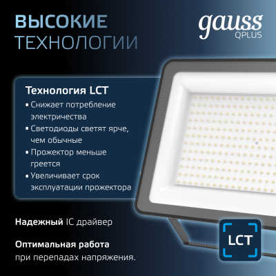 Прожектор светодиодный ДО 200 Вт 24000 лм 6500К AC 220В IP65 290х32х400мм матрированное закаленное стекло Qplus Gauss