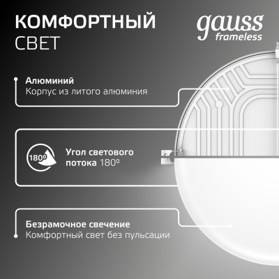Светильник светодиодный ДВО 24 Вт 2400 лм 4000К AC 220В IP20 круг D170х27мм монт d155мм Пластик безрамочный Frameless Gauss