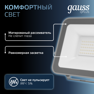 Прожектор светодиодный ДО 50 Вт 5250 лм 6500К AC 220В IP65 150х28х185мм матрированное закаленное стекло Qplus Gauss