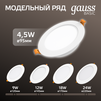 Светильник светодиодный ДВО 4.5 Вт 300 лм 4000К AC 220В IP20 круг D95х26мм монт d75мм Пластик Basic