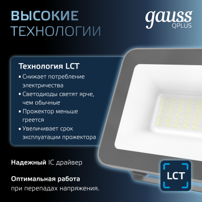 Прожектор светодиодный ДО 30 Вт 3150 лм 6500К AC 220В IP65 128х28х160мм матрированное закаленное стекло Qplus Gauss
