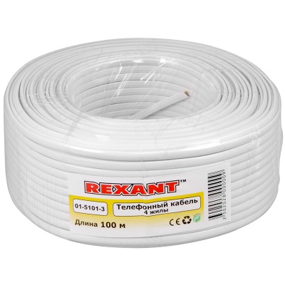 Телефонный кабель ШТЛП 4 жилы CCA, белый, 100м, REXANT
